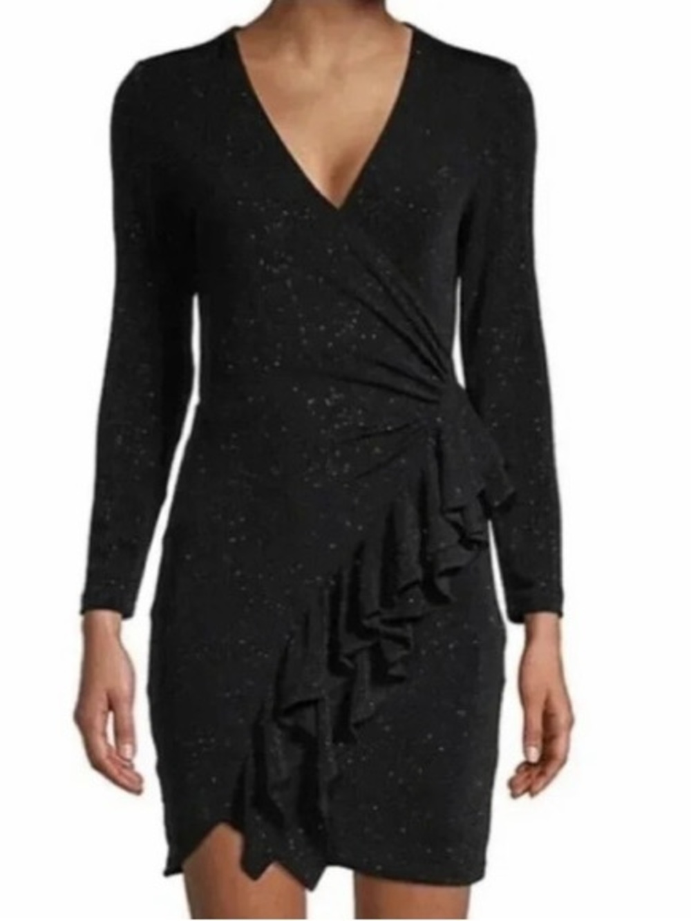 IRO Hime Black Metallic Shimmer Ruffle Long Sleeve Bodycon Mini Dress Size Small